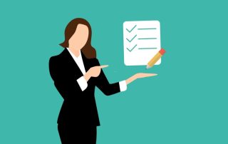 Illustration of a woman in a business suit presenting a checklist with three checkmarks on a green background, holding a pencil in her other hand