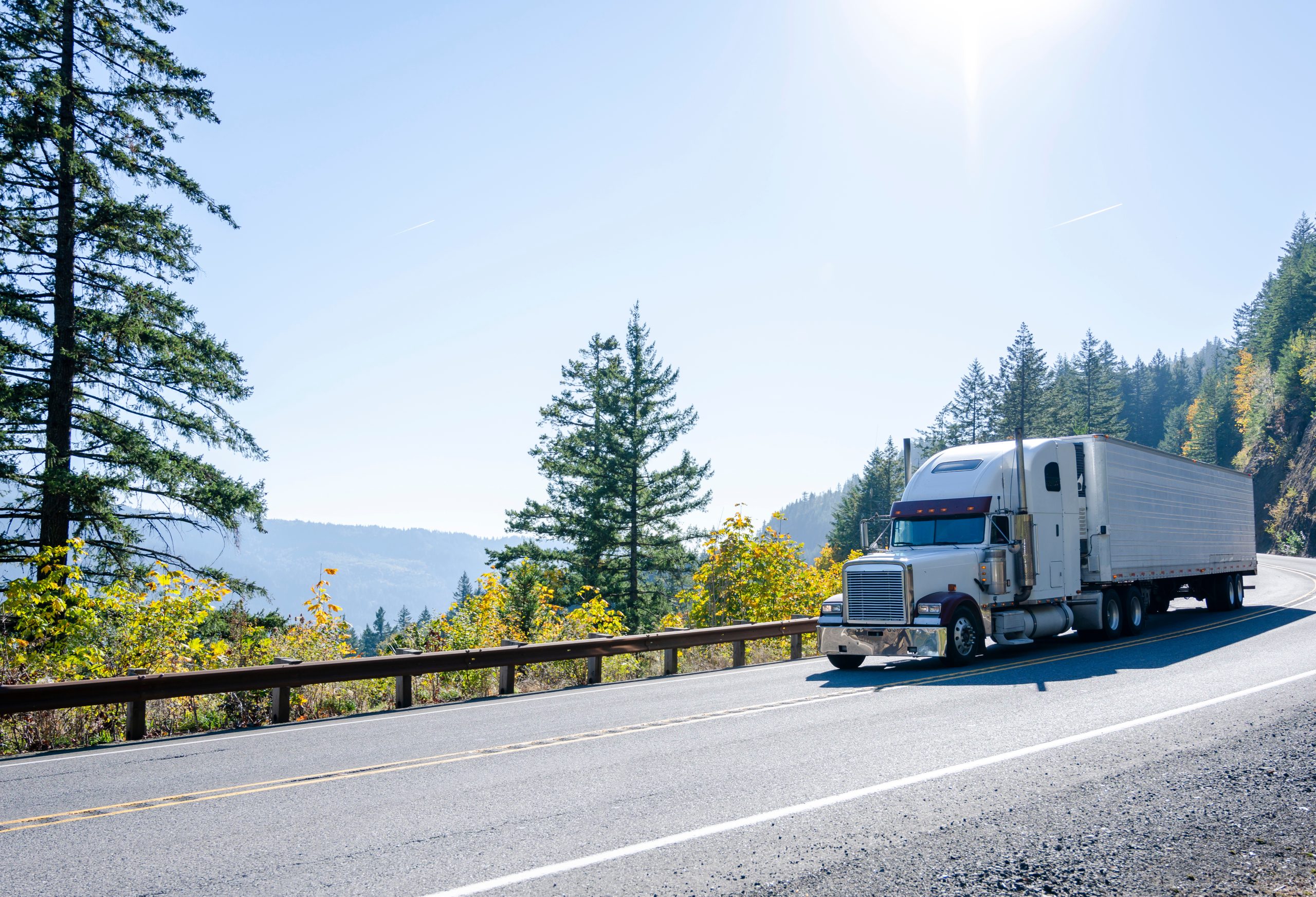 Semi-truck with a trailer driving along a winding mountain road surrounded by evergreen trees and scenic views on a sunny day.