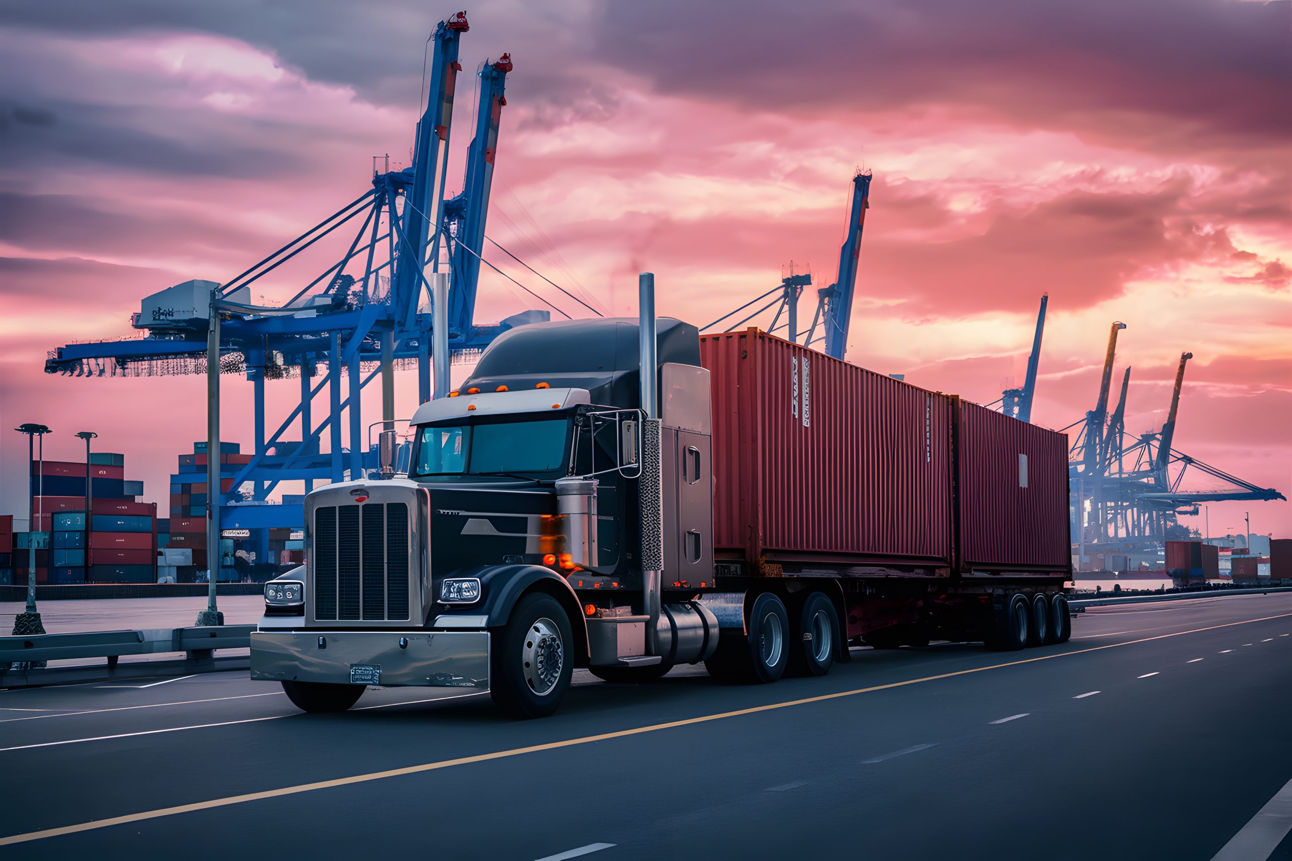 Black semi-truck transporting shipping containers through a port terminal, with large cranes and stacked containers in the background during a vibrant sunset.