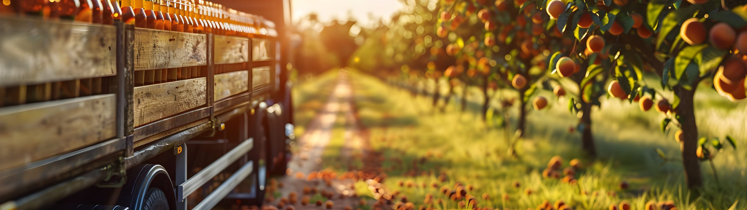 Flatbed truck parked along a sunny orchard path, surrounded by rows of fruit-bearing trees during harvest season.