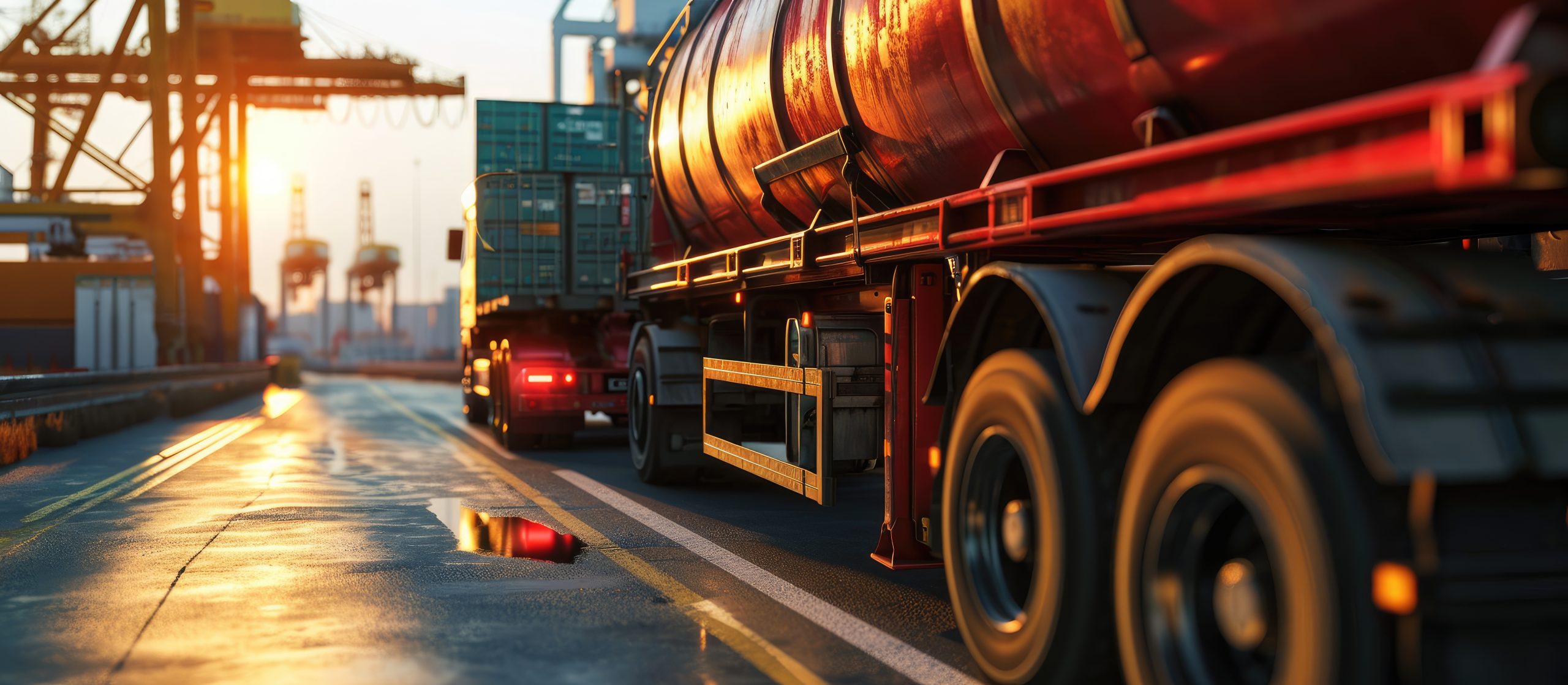 Semi-truck carrying large fuel tanks on a highway.