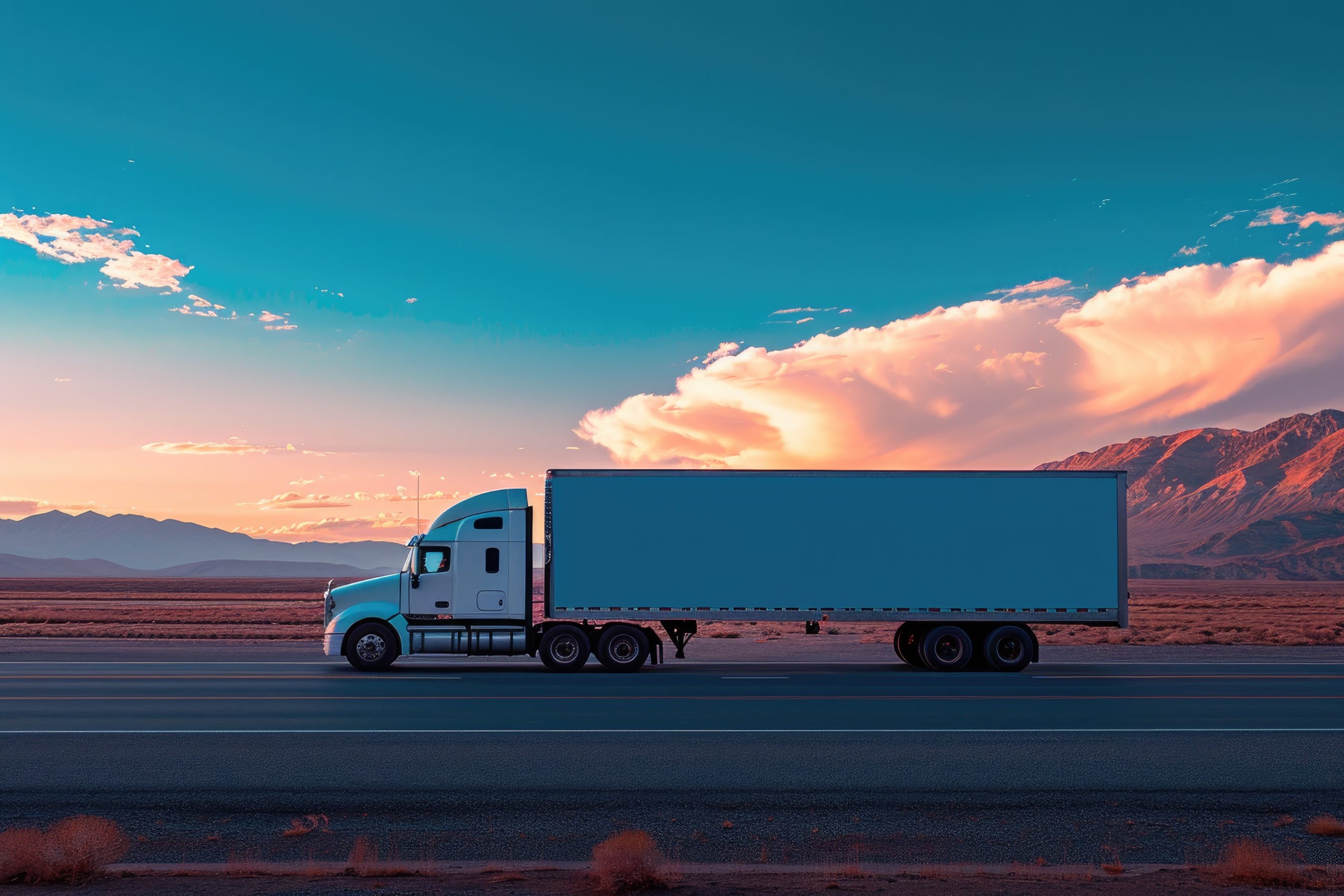 Semi-truck with a trailer driving through a desert landscape at sunset, with a backdrop of mountains and colorful clouds in the sky.