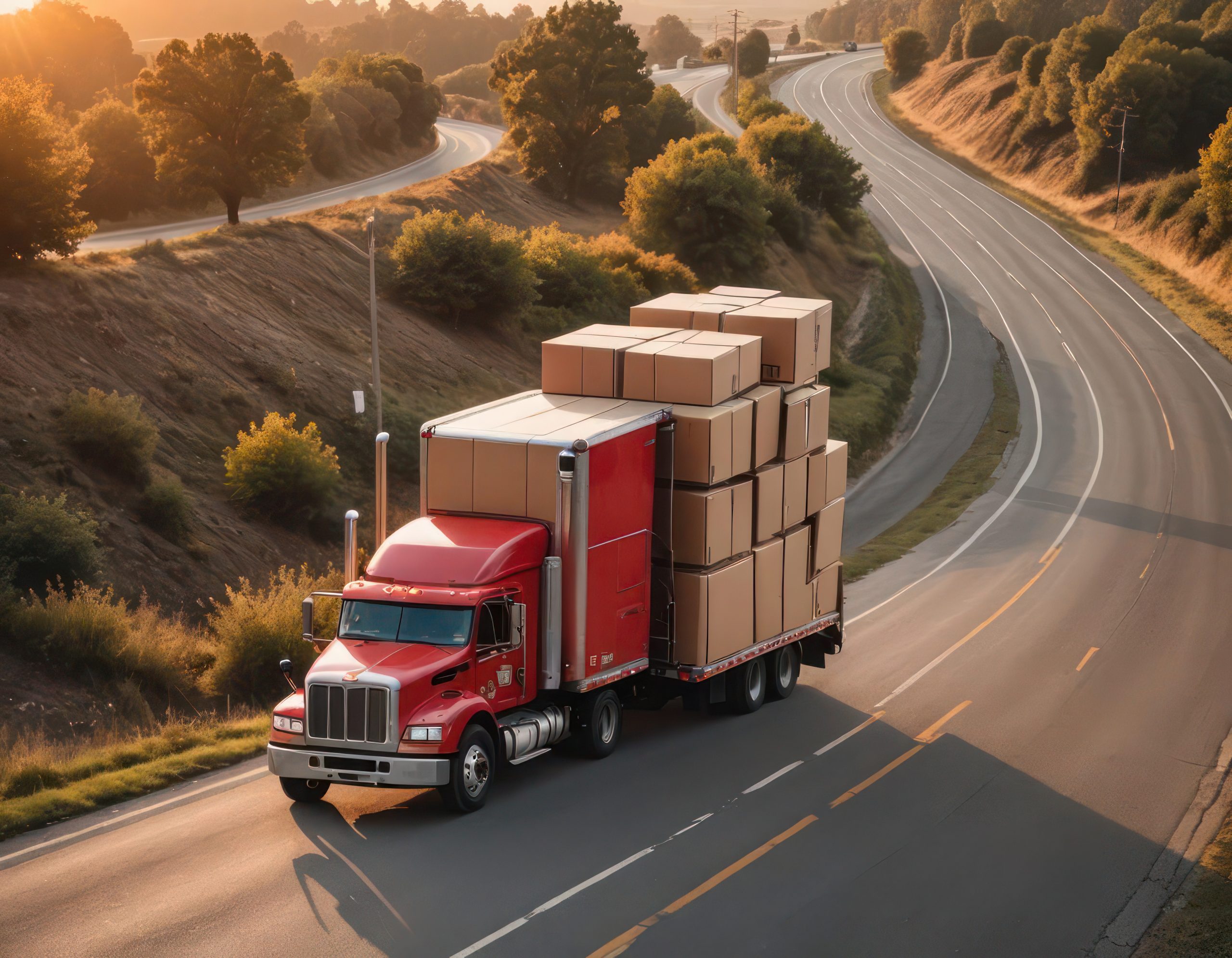 Overhead view of a large truck transporting goods through a forested area