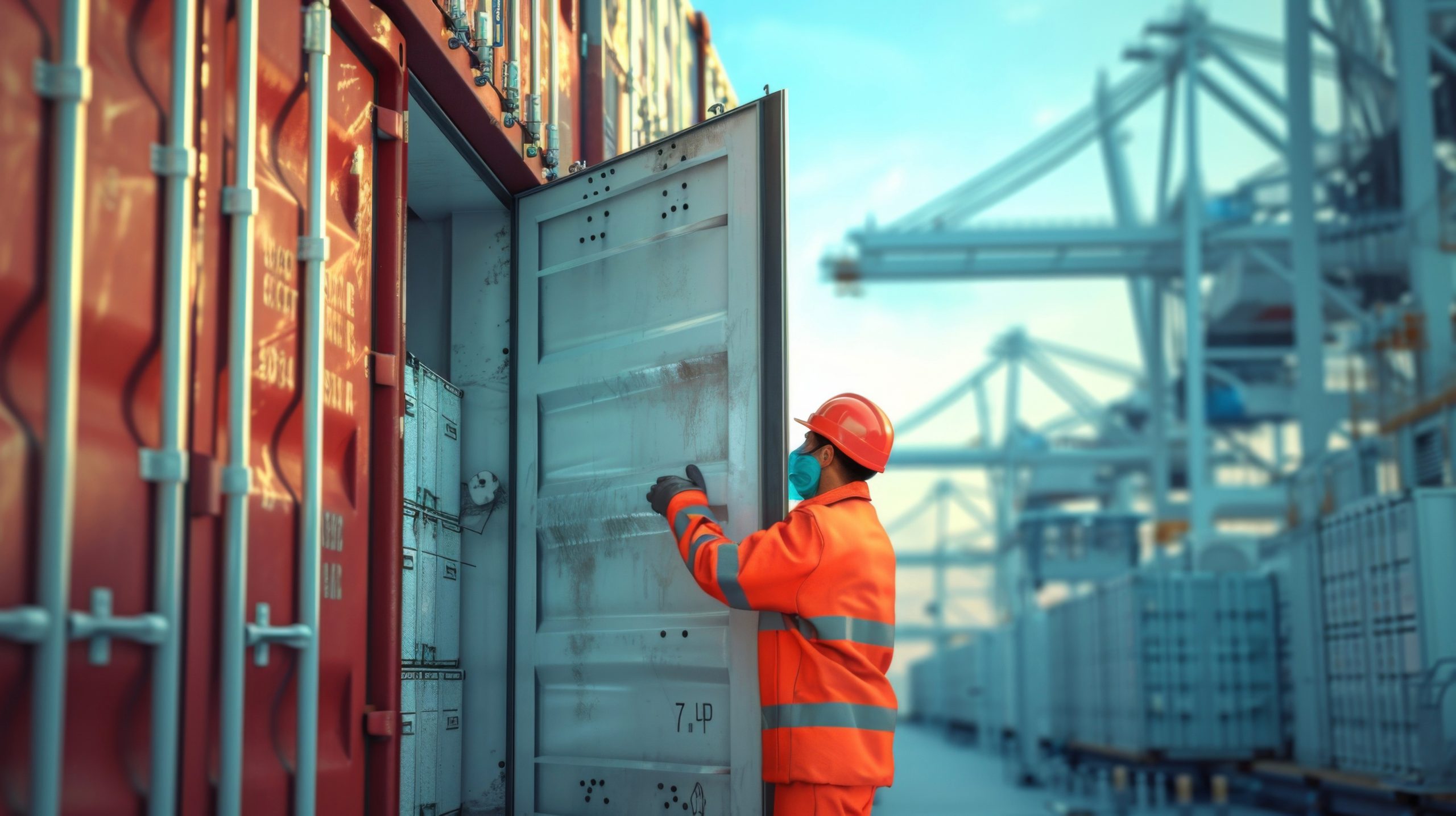 Freight container being unloaded at a shipping terminal.