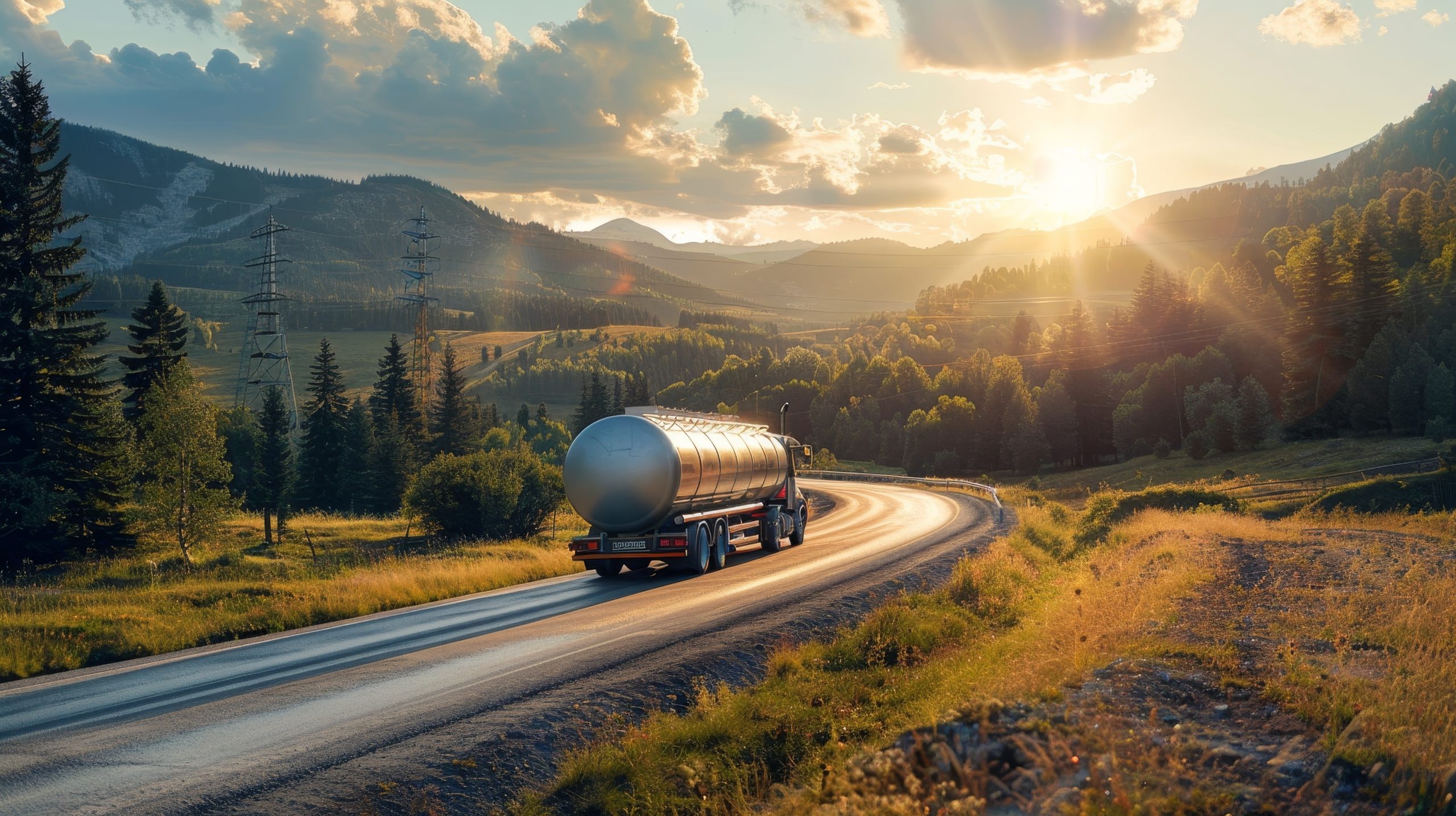 Tanker truck driving through a winding mountain road at sunset, surrounded by lush greenery and a scenic view of hills and forests.