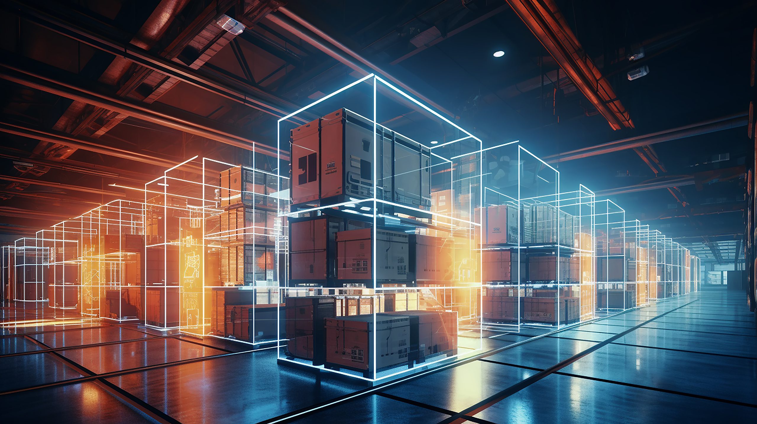 Futuristic warehouse with digital holographic outlines surrounding stacked cargo containers, representing smart logistics and automated storage solutions.