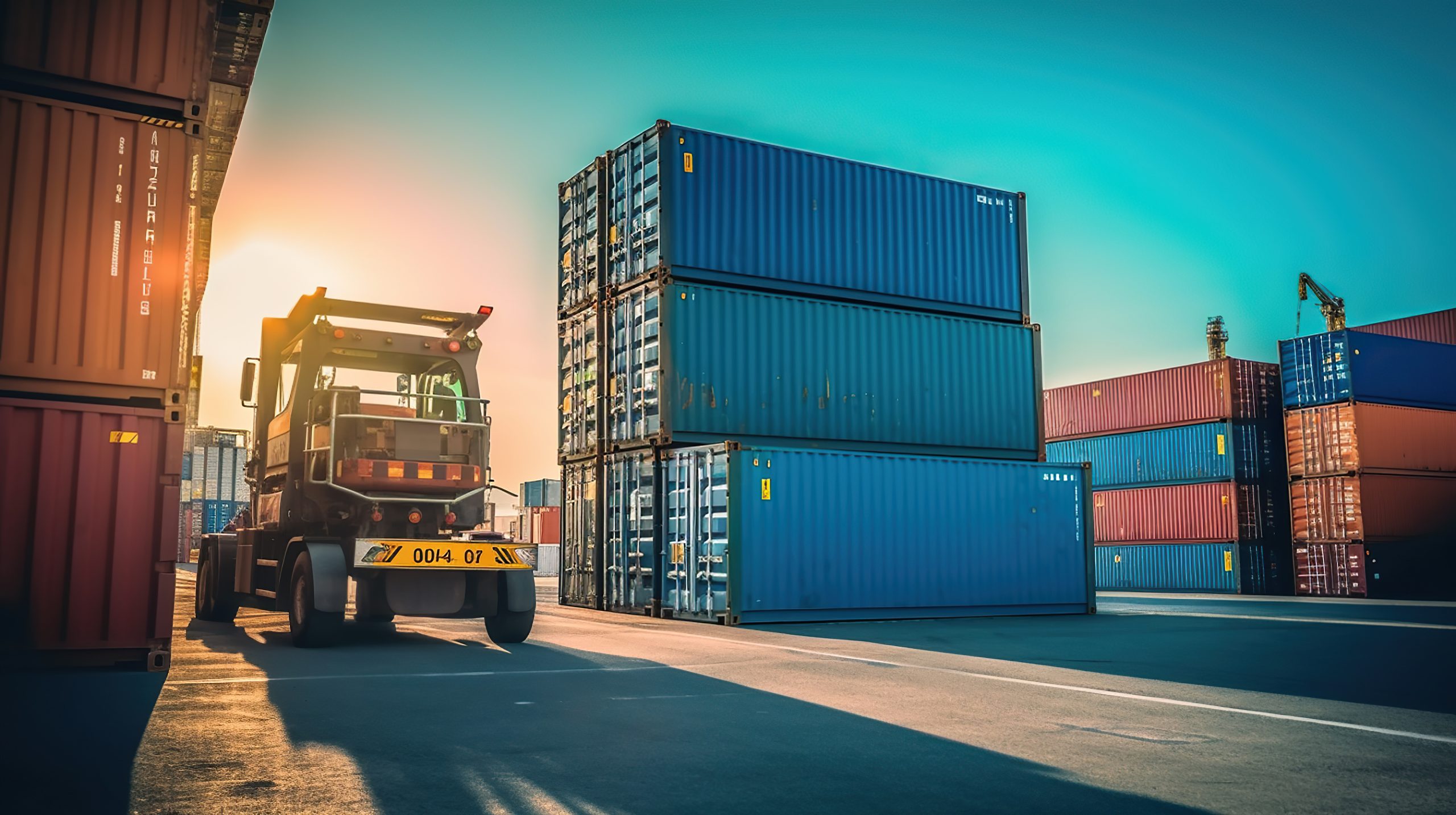 Cargo truck maneuvering between stacked shipping containers at a port terminal during sunset.