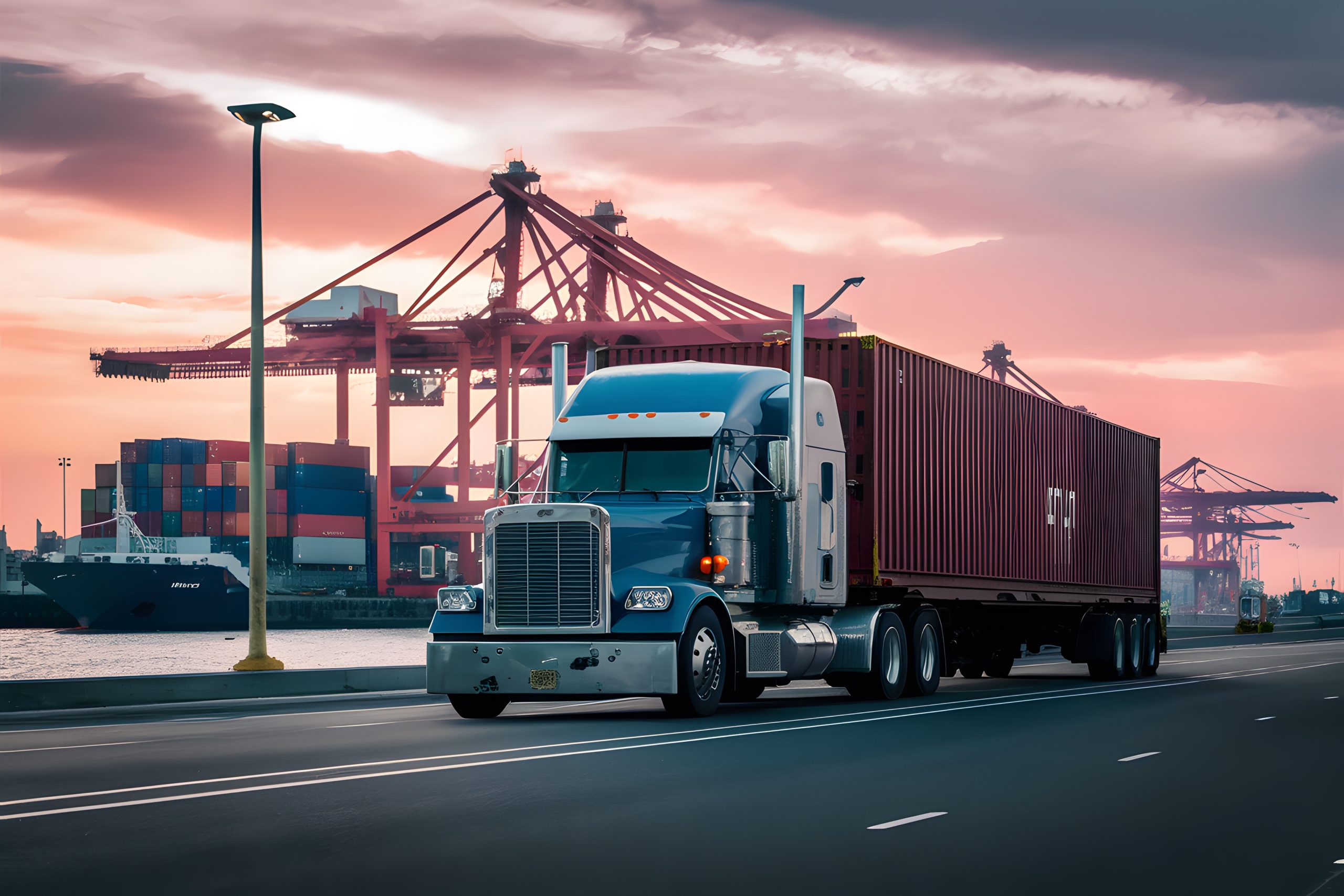 Blue semi-truck hauling a shipping container at a port terminal, with cargo cranes and a cargo ship in the background during a sunset.