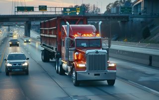 American style truck on freeway pulling load, sunseys