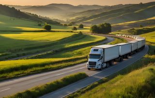 lorry cargo American style truck on freeway pulling load Transport Delivery in motion Truck at Sunset